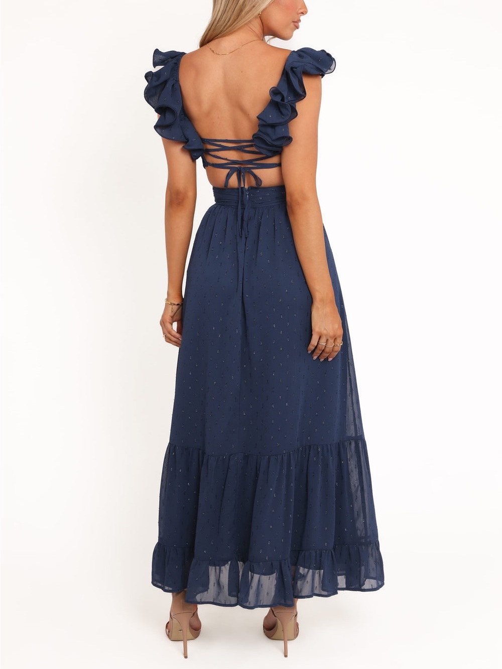 Petal & Pup Harmony Maxi Dress Navy Blue V-Neck Open Corset Back Formal Gown S - Picture 8 of 14
